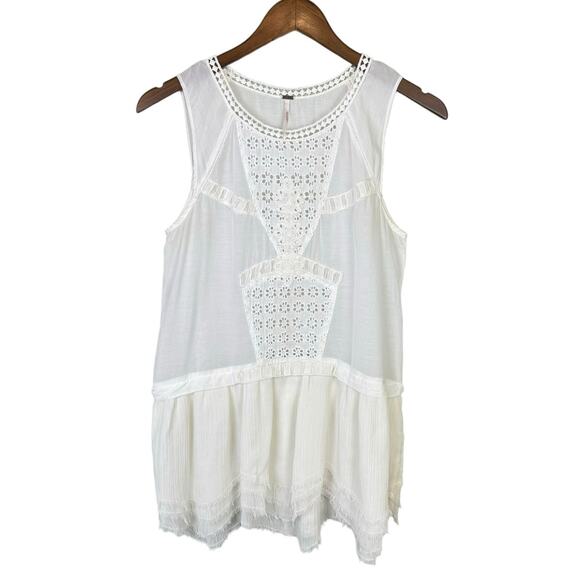Free People Ivory White Eyelet Frayed Peplum Hem Tunic Tank Sleeveless Top - Picture 8 of 12